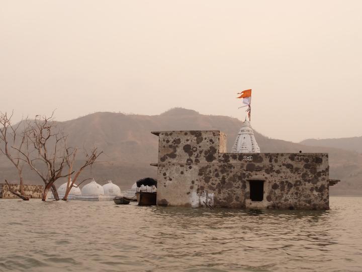 Historically and religiously significant Hapeshwar Mahadev Temple complex submerged in the Sardar Sarovar Dam waters and has partially surfaced from the dam waters in village Hapeshwar in Gujarat, Photo credit_ Janantik Shulka