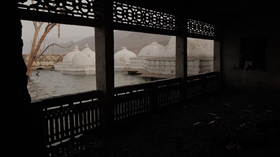 Historically and religiously significant Hapeshwar temple complex submerged in the Sardar Sarovar Dam waters in village Hapeshwar in Gujarat, it partially surfaces as the reservoir waters recede, Photo credit_ Janantik Shukla
