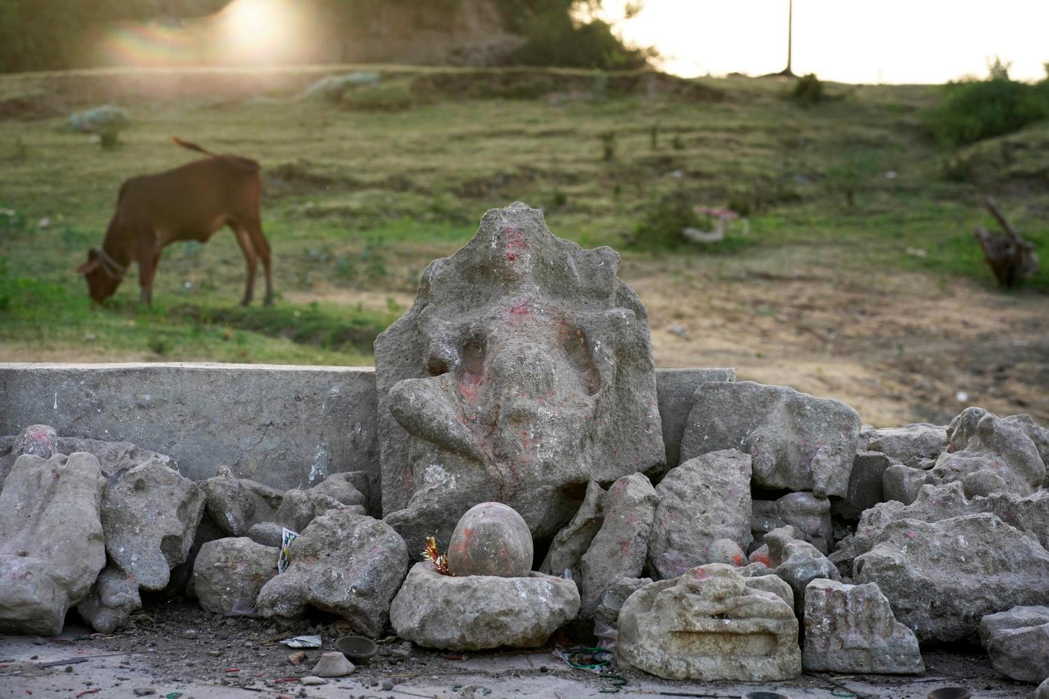 Remnants of resurfaced Shitla Mata deity from Sardar Sarovar dam waters as these recede in summer in village Sondul, Madhya Pradesh, Photo credit_ Rohit Jain for Oral History Narmada